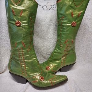 Green BCBG Boots with Copper Trim